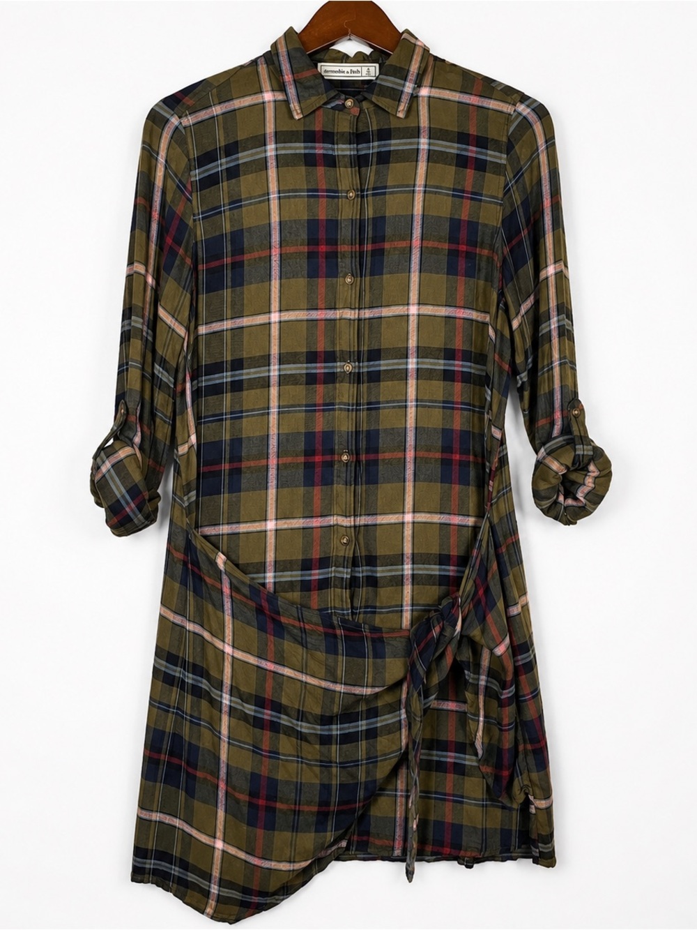 Abercrombie & Fitch Plaid Wrap Shirt Dress Olive S Roll Tab